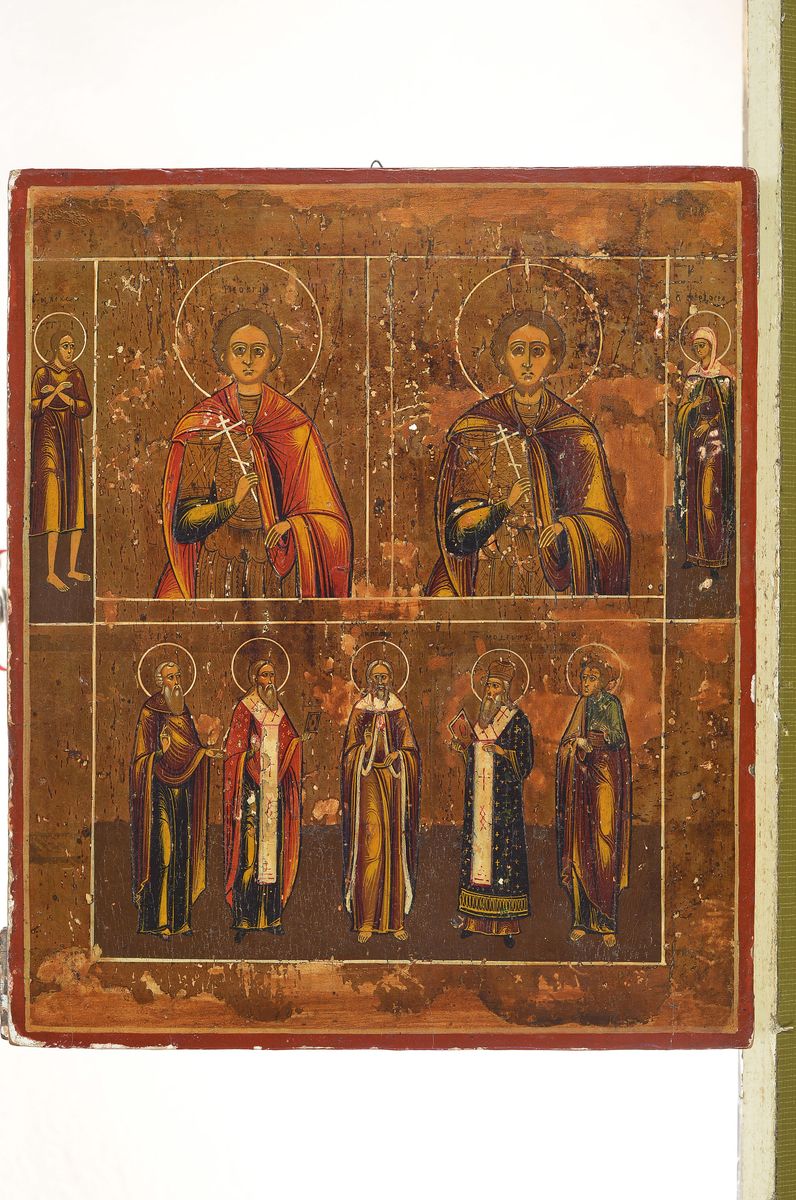 Detail k: Dreifelderikone, Russland, 2. Hälfte 19. Jh., Darst. verschiedener Heiliger, Tempera auf Holz, goldgrundig, leichte Oberflächenschäden, ca. 22x19cm