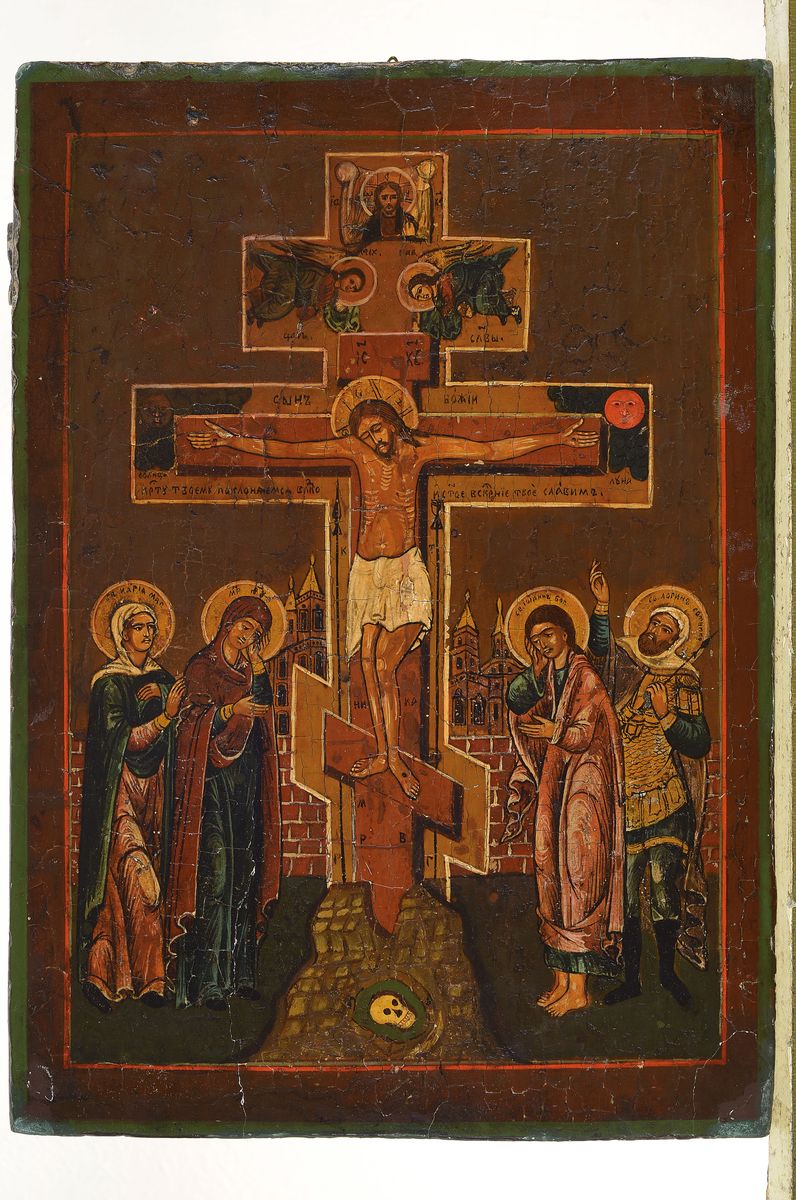 Detail k: Ikone, Russland, 2. Hälfte 19. Jh., Kreuzigung, Tempera auf Holz, krakeliert, leichte Oberflächenschäden, ca. 34x24cm