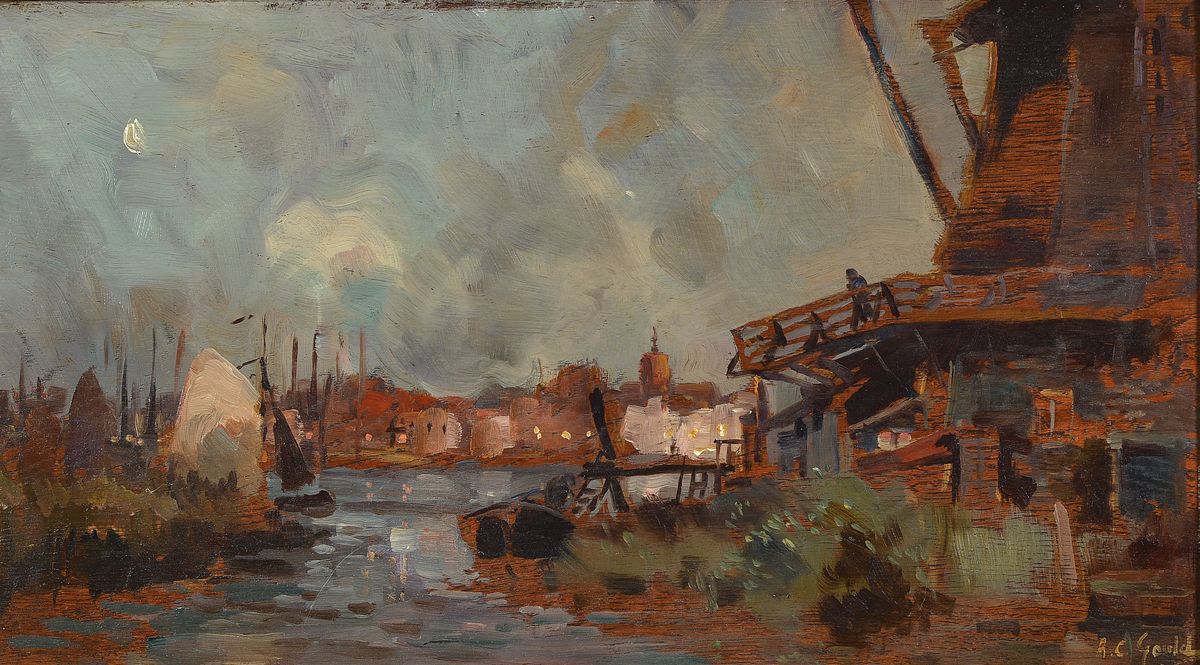 Alexander Carruthers Gould, 1870 Woodfod/Essex-1948, Blick in einen niederländischen Hafen, Öl/Holz, rechts unten signiert, ca. 28x50cm, R. ca. ...