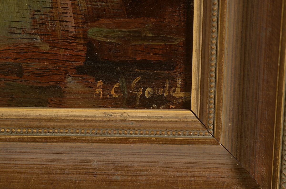 Detail a: Alexander Carruthers Gould, 1870 Woodfod/Essex-1948, Blick in einen niederländischen Hafen, Öl/Holz, rechts unten signiert, ca. 28x50cm, R. ca. ...