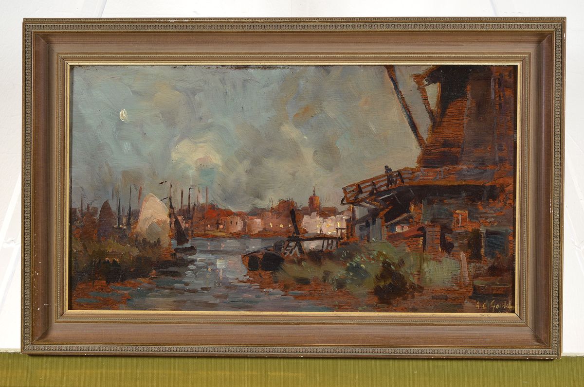 Detail k: Alexander Carruthers Gould, 1870 Woodfod/Essex-1948, Blick in einen niederländischen Hafen, Öl/Holz, rechts unten signiert, ca. 28x50cm, R. ca. ...
