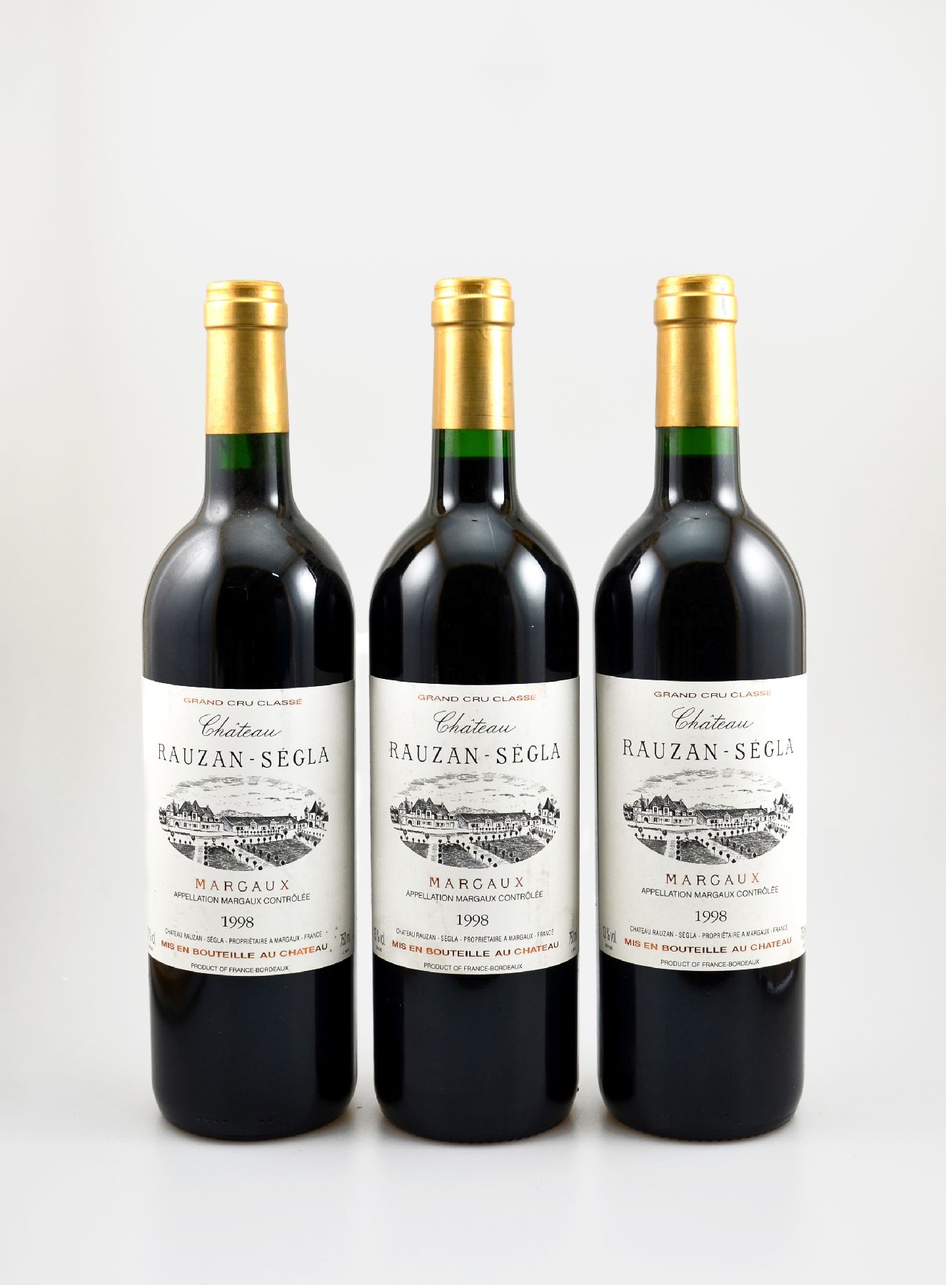 3 Flaschen 1998 Chateau Rauzan-Segla, Margaux, Grand Cru Classe, je ca. 75 cl, 13 % Vol., Füllstände: je top shoulder, Etiketten z.T. l. ...