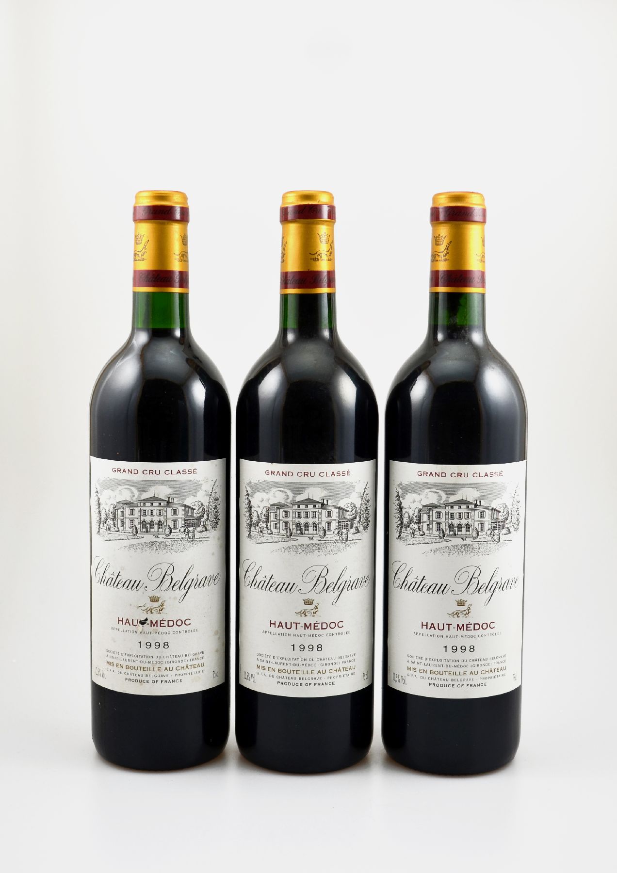 3 Flaschen 1998 Chateau Belgrave, Haut-Medoc, Grand Cru Classe, je ca. 75 cl, 12,5 % Vol., Füllstände: je ca. into neck, Etiketten z.T. l. besch. ...