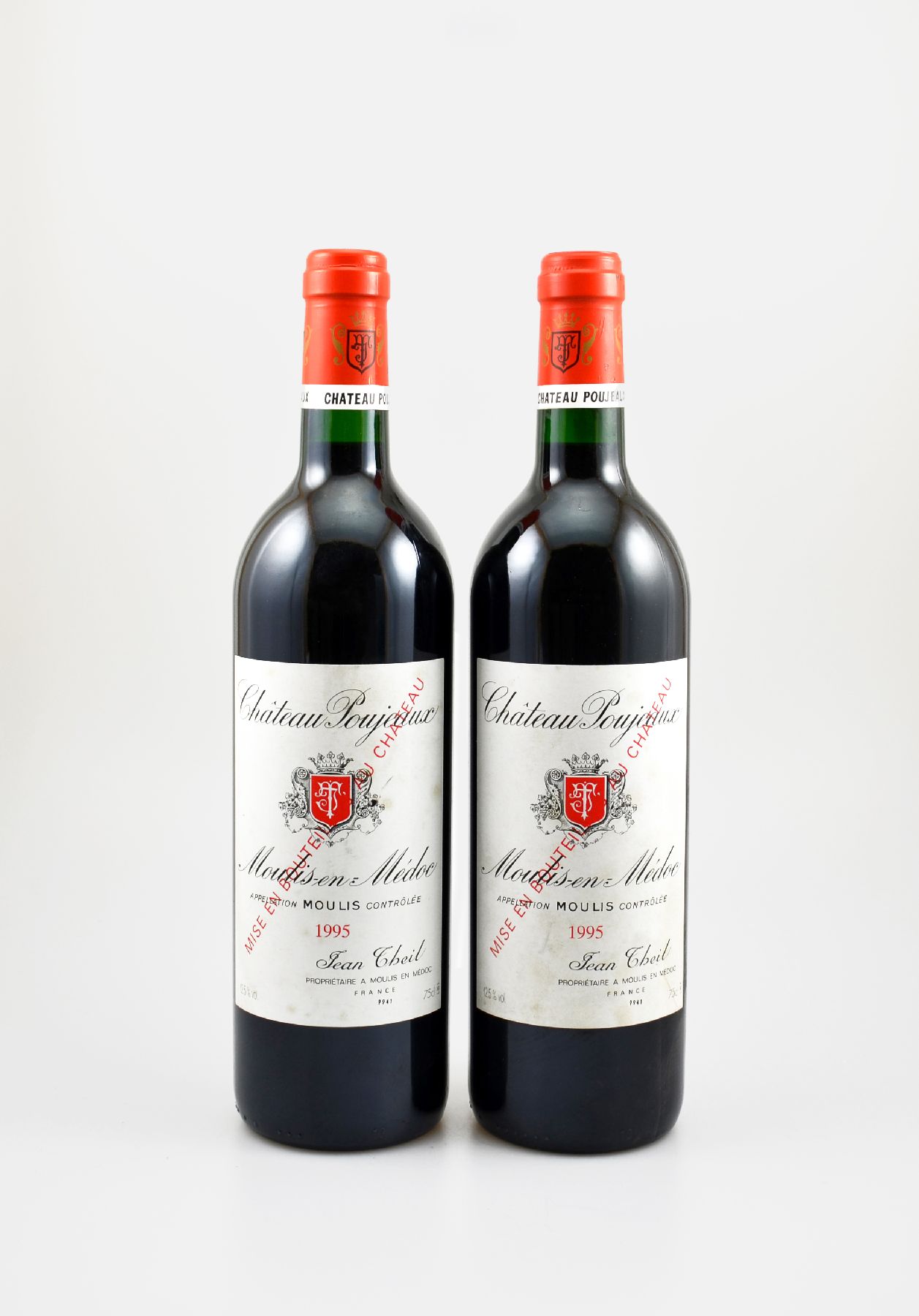 2 Flaschen 1995 Chateau Poujeaux, Moulis-en-Medoc, je ca. 75 cl, 12,5 % Vol., Füllstände: je ca. into neck, Etiketten l. besch. bzw. beschmutzt, ...