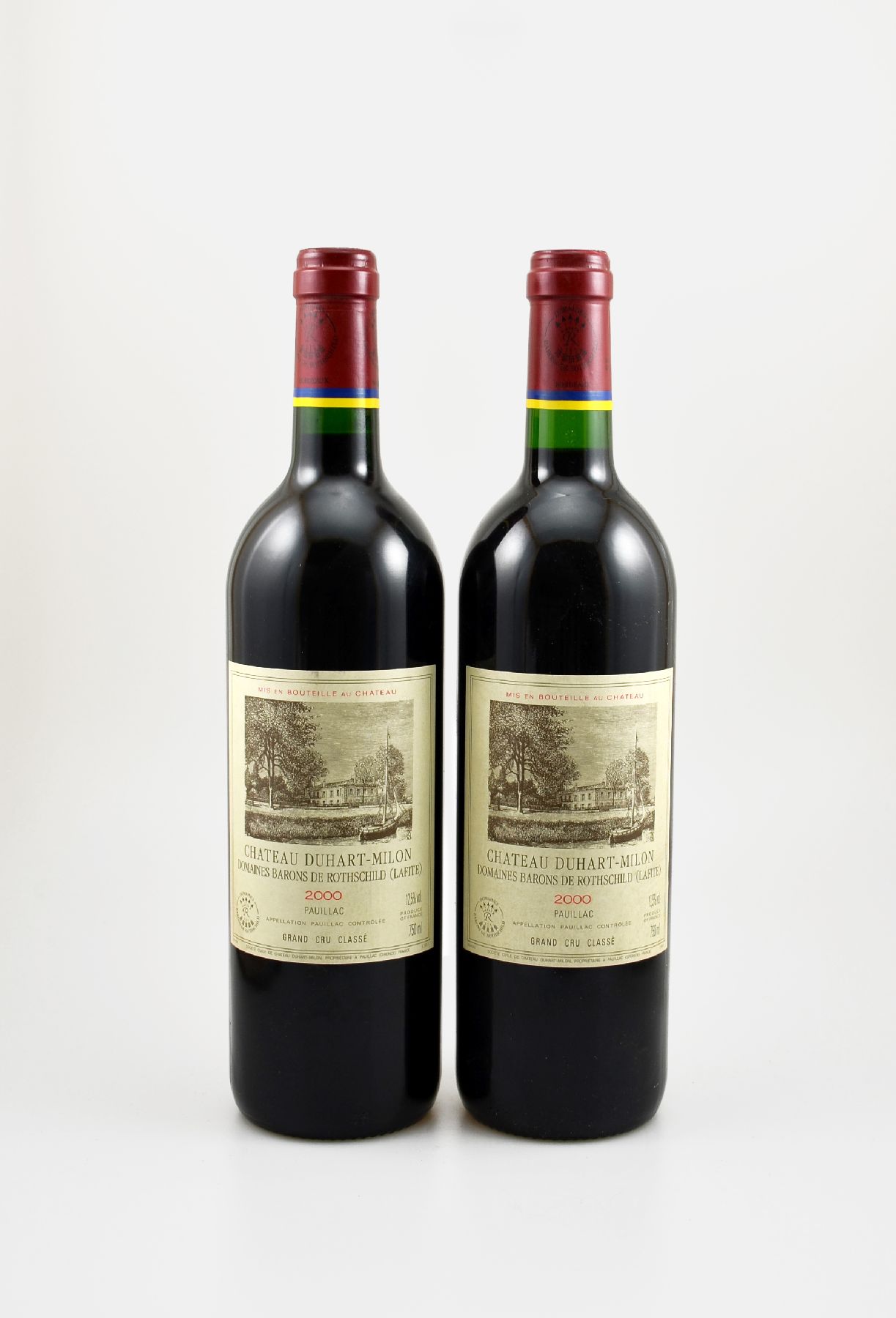 2 Flaschen 2000er Chateau Duhart-Milon Domaines Barons de Rothschild (Lafite), Pauillac, Grand Cru Classe, je ca. 75 cl, 12,5 % Vol., Füllstände: ...