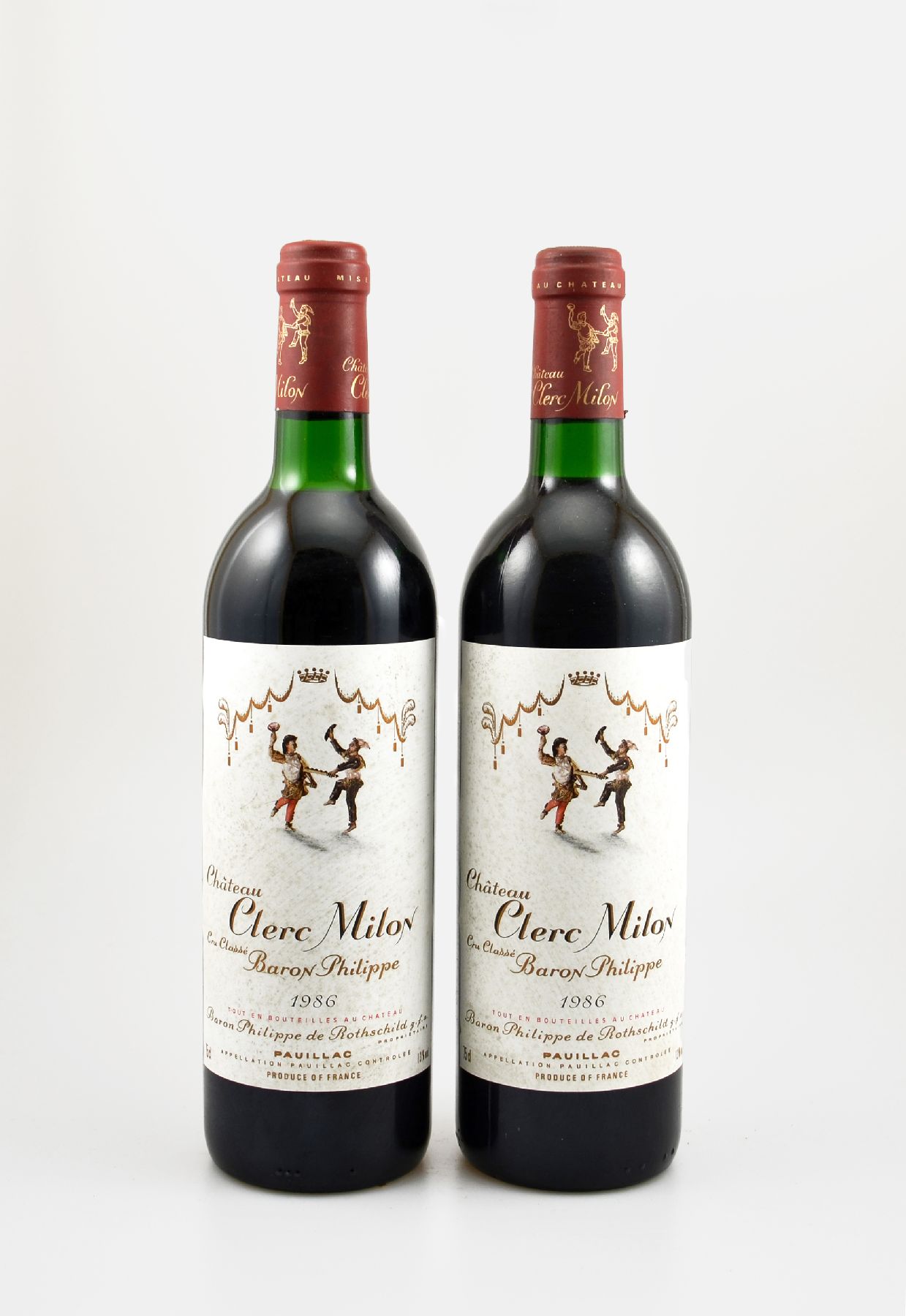 2 Flaschen 1986 Chateau Clerc Milon, Pauillac, Cru Classe, je ca. 75 cl, 13 % Vol., Füllstände: je top shoulder, Etiketten l. beschmutzt, ...