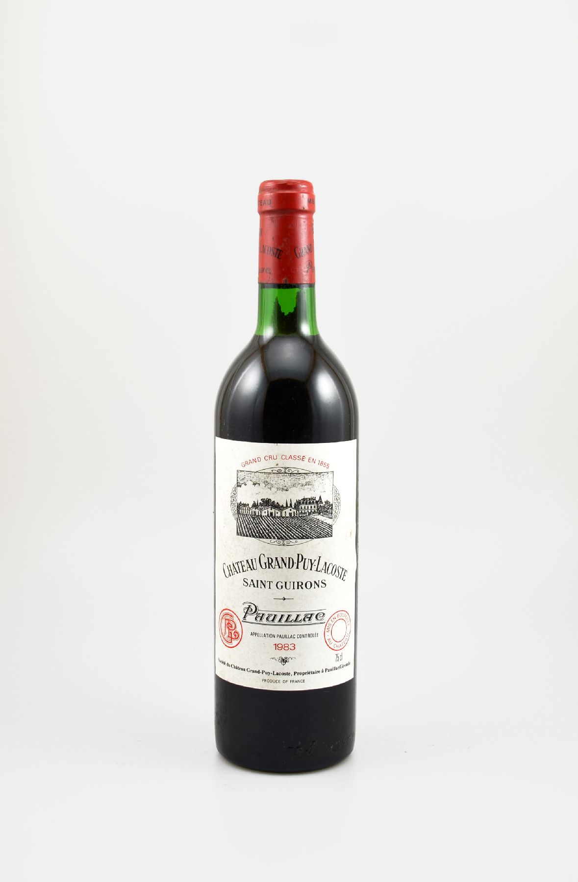 1 Flasche 1983 Chateau Grand-Puy-Lacoste, Saint Guirons, Pauillac, Grand Cru Classe, ca. 75 cl, Füllstand: top shoulder, Etikett l. beschmutzt, ...
