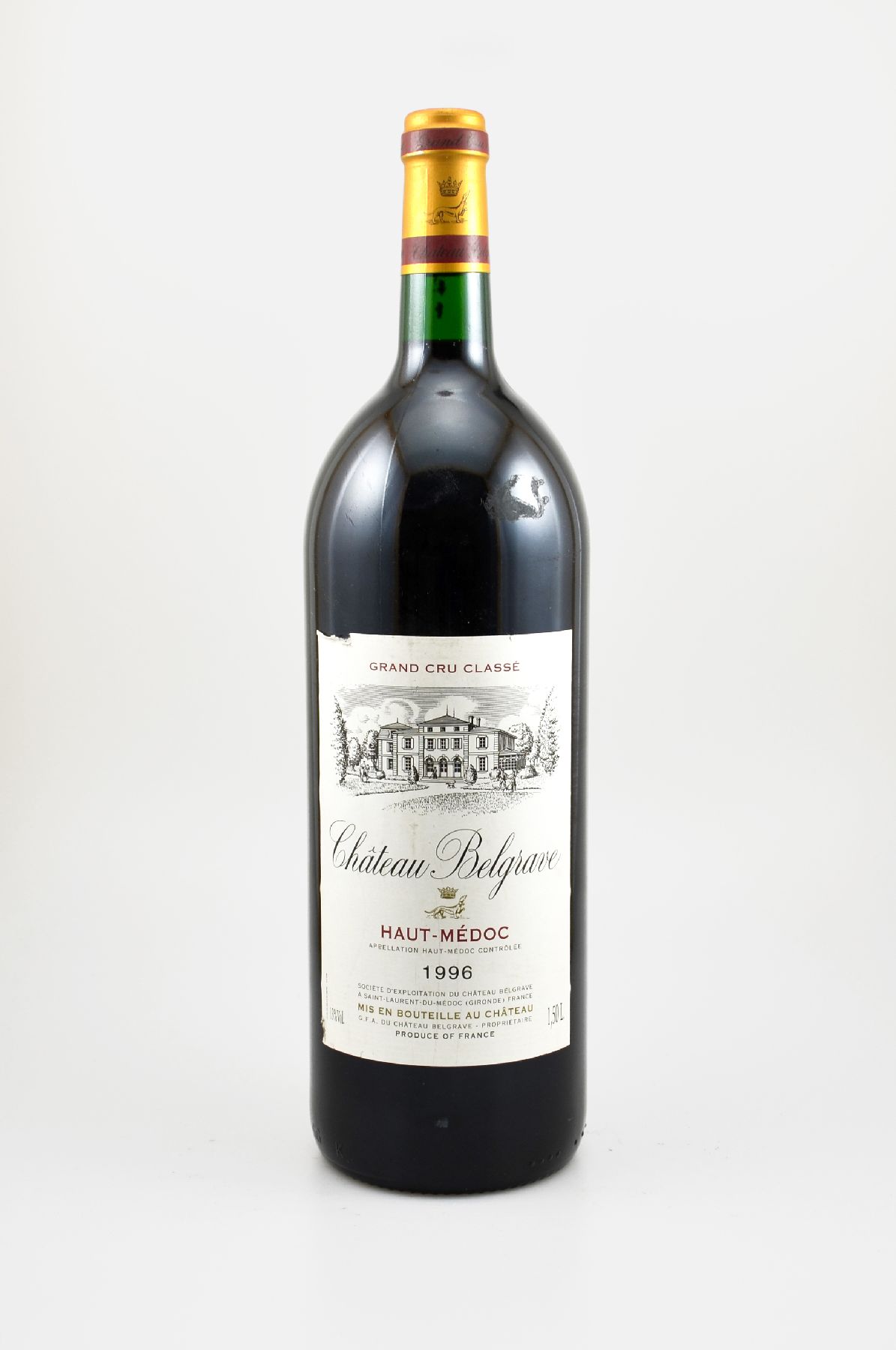 1 Magnumflasche 1996 Chateau Belgrave, Haut-Medoc, ca. 150 cl, 13 % Vol., Füllstand: into neck, Etikett l. beschmutzt, unverkostet, Provenienz: Aus ...