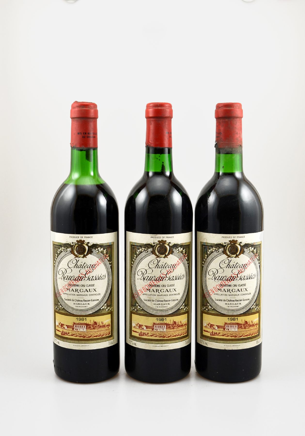 3 Flaschen 1981 Chateau Rauzan-Gassies, Margaux, Grand Cru Classe, je ca. 75 cl, 12 % Vol., Füllstände: 2x into neck & 1x upper mid shoulder, ...
