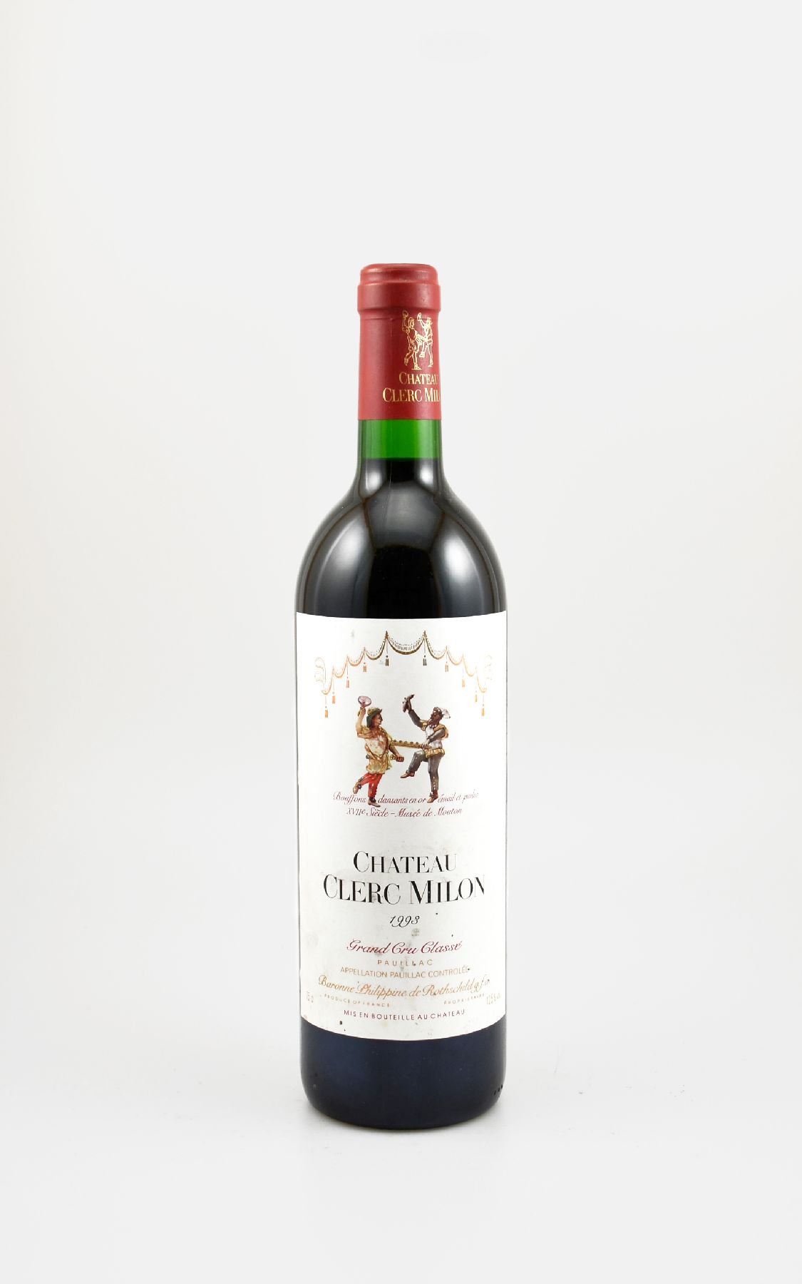 1 Flasche 1993 Chateau Clerc Milon, Pauillac, Grand Cru Classe, ca. 75 cl, 12,5 % Vol., Füllstand: into neck, Etikett l. beschmutzt, unverkostet, ...