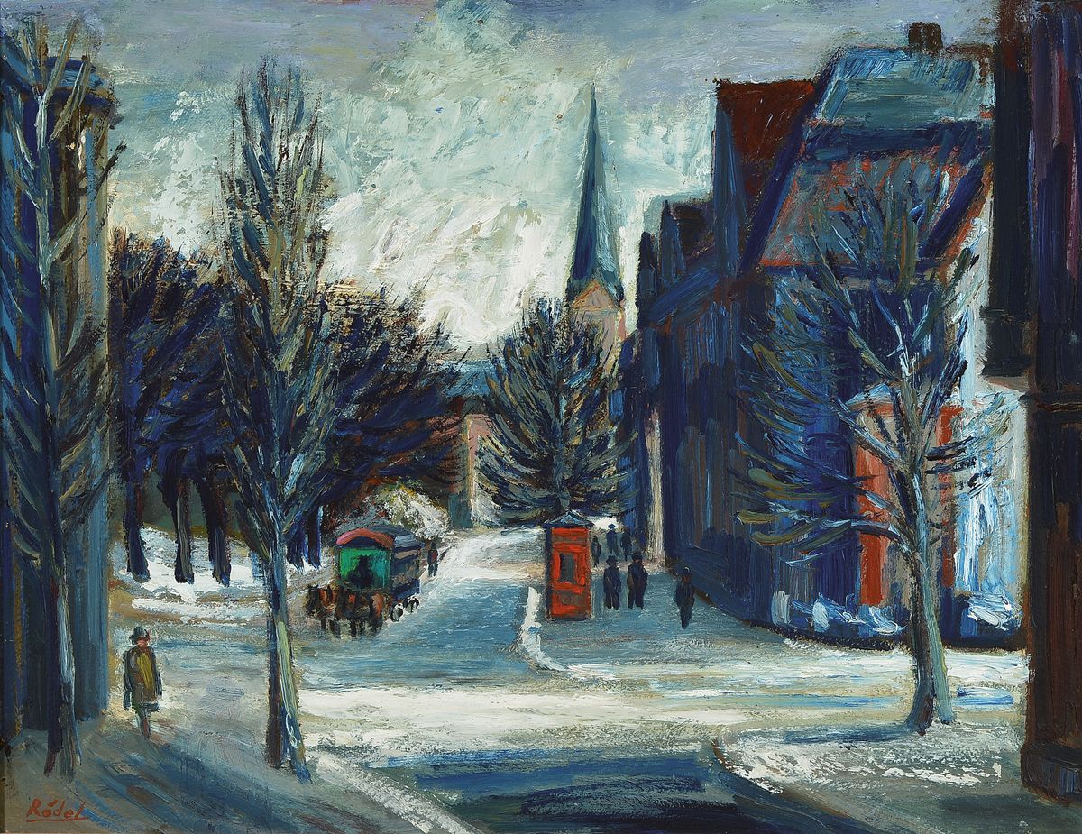 Karl Rödel, 1907 Neu-Isenburg-1982 Mannheim,verschneite Stadtansicht, Öl/Malkarton, links unten signiert, ca. 48x62cm, R. ca. 60x75cm
