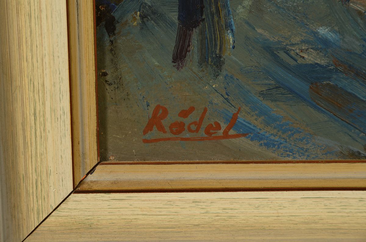 Detail a: Karl Rödel, 1907 Neu-Isenburg-1982 Mannheim,verschneite Stadtansicht, Öl/Malkarton, links unten signiert, ca. 48x62cm, R. ca. 60x75cm