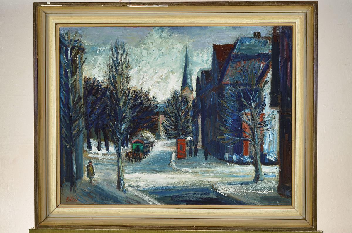 Detail k: Karl Rödel, 1907 Neu-Isenburg-1982 Mannheim,verschneite Stadtansicht, Öl/Malkarton, links unten signiert, ca. 48x62cm, R. ca. 60x75cm