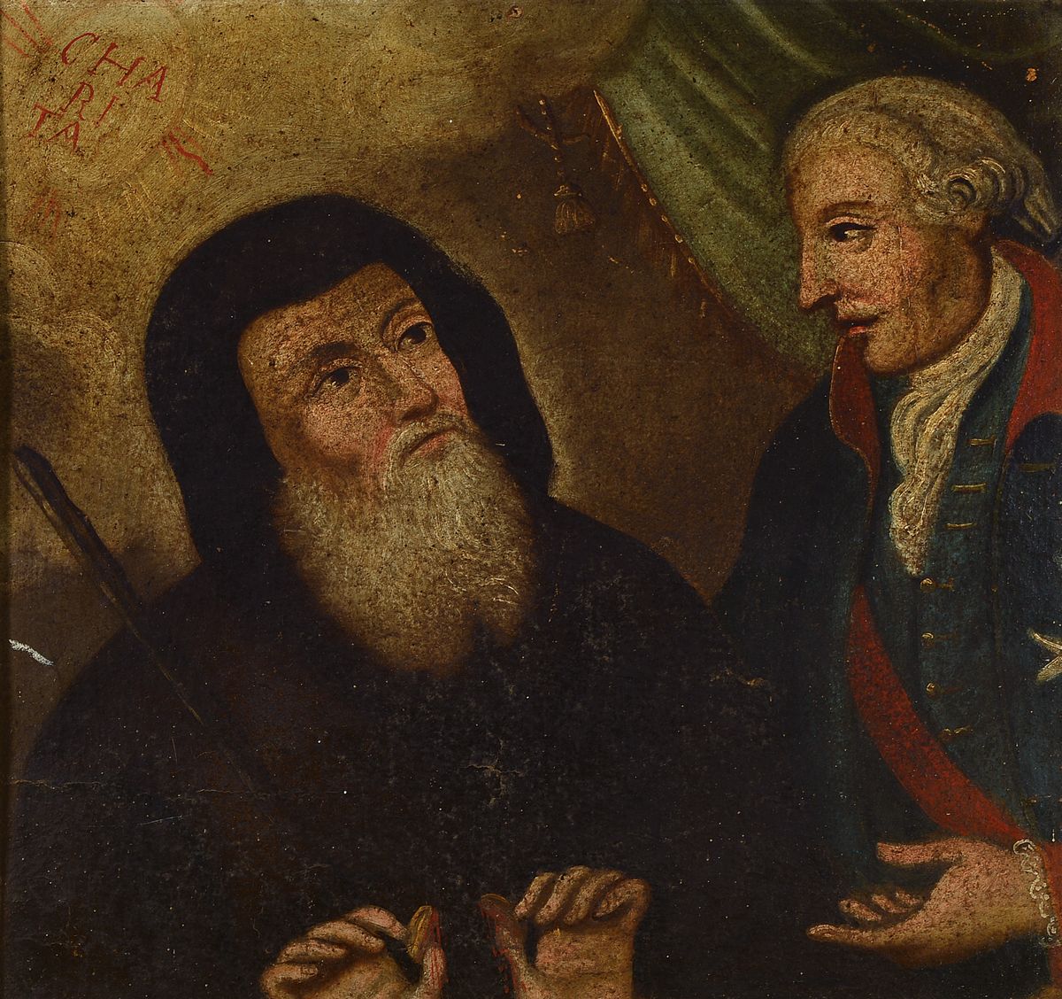 Unbekannter Künstler, deutsch, 18. Jh., Öl/Lwd/Malkarton, zwei Männer, bezeichnet Charitas, wohl Ausschnitt, reinigungsbedürftig, ca. 41x44cm, R. ...