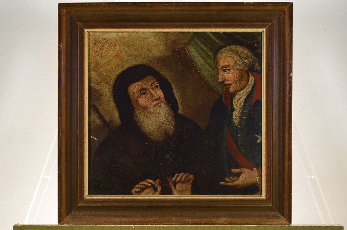 Detail k: Unbekannter Künstler, deutsch, 18. Jh., Öl/Lwd/Malkarton, zwei Männer, bezeichnet Charitas, wohl Ausschnitt, reinigungsbedürftig, ca. 41x44cm, R. ...