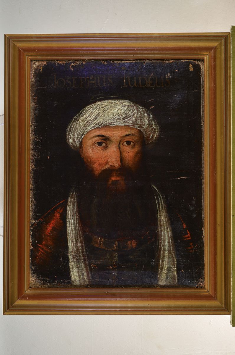 Detail k: Unbekannter Künstler, deutsch, um 1680, en face Porträt eines bärtigen Mannes mit Turban, bezeichnet Josephus Judeus, Öl/Lwd, Keilrahmen ...