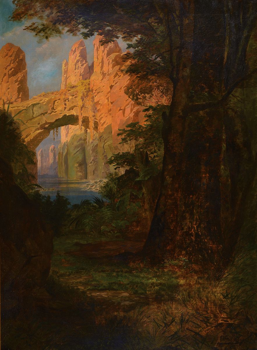 Gustav Adolf Goldberg, 1848 Krefeld-1911 München, Blick aus dem Wald auf eine Felsformation im Sonnenlicht, Öl/Lwd, mehrfach rest., doubl., rechts ...