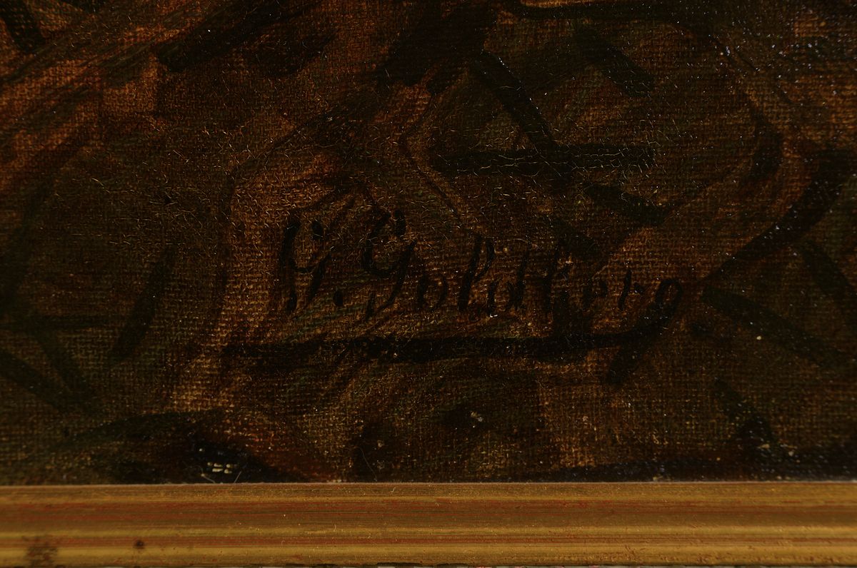 Detail a: Gustav Adolf Goldberg, 1848 Krefeld-1911 München, Blick aus dem Wald auf eine Felsformation im Sonnenlicht, Öl/Lwd, mehrfach rest., doubl., rechts ...