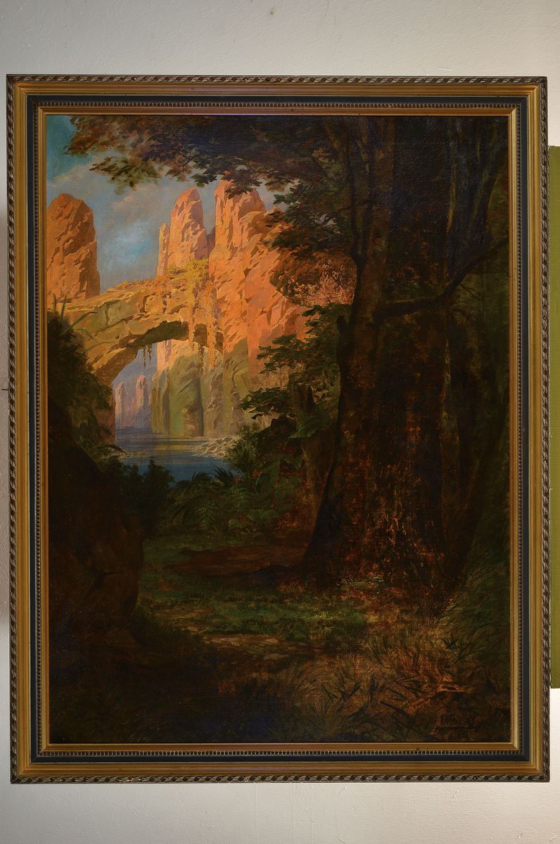 Detail k: Gustav Adolf Goldberg, 1848 Krefeld-1911 München, Blick aus dem Wald auf eine Felsformation im Sonnenlicht, Öl/Lwd, mehrfach rest., doubl., rechts ...