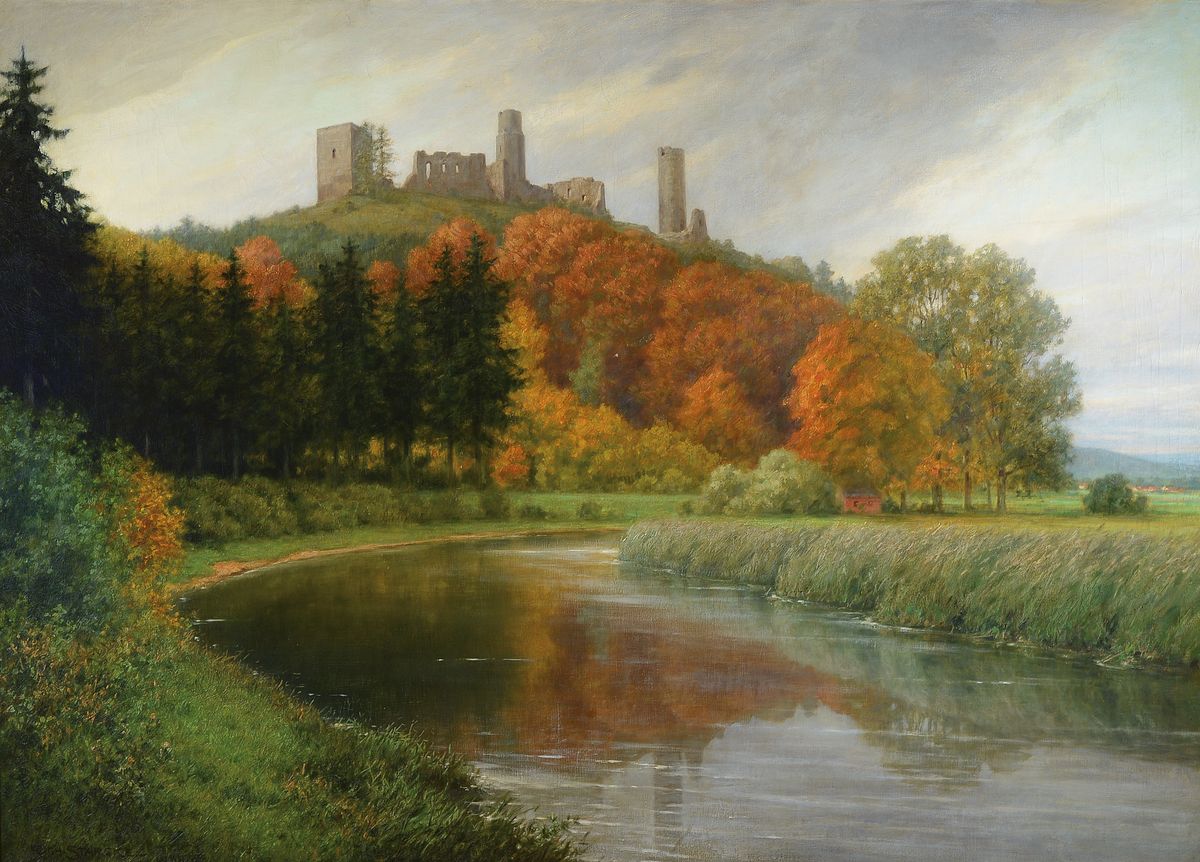Richard Starcke, 1864 Naumburg-1945 Weimar, Thüringerland im Herbst, Ruine Brandenburg an der Werra, so rückseitig auf altem Etikett betitelt, ...