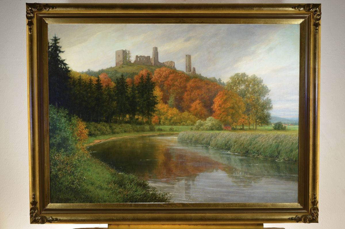 Detail k: Richard Starcke, 1864 Naumburg-1945 Weimar, Thüringerland im Herbst, Ruine Brandenburg an der Werra, so rückseitig auf altem Etikett betitelt, ...