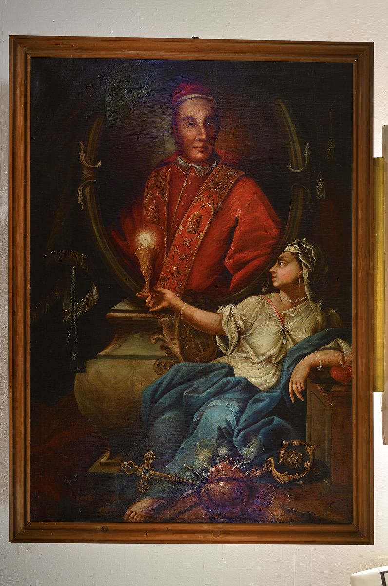 Detail k: Unbekannter Künstler, deutsch, um 1840-50, Porträt des Papst Pius I., davor Darbringung des Kelches mit Hostie durch eine Frau, Öl/Lwd, rest., ...