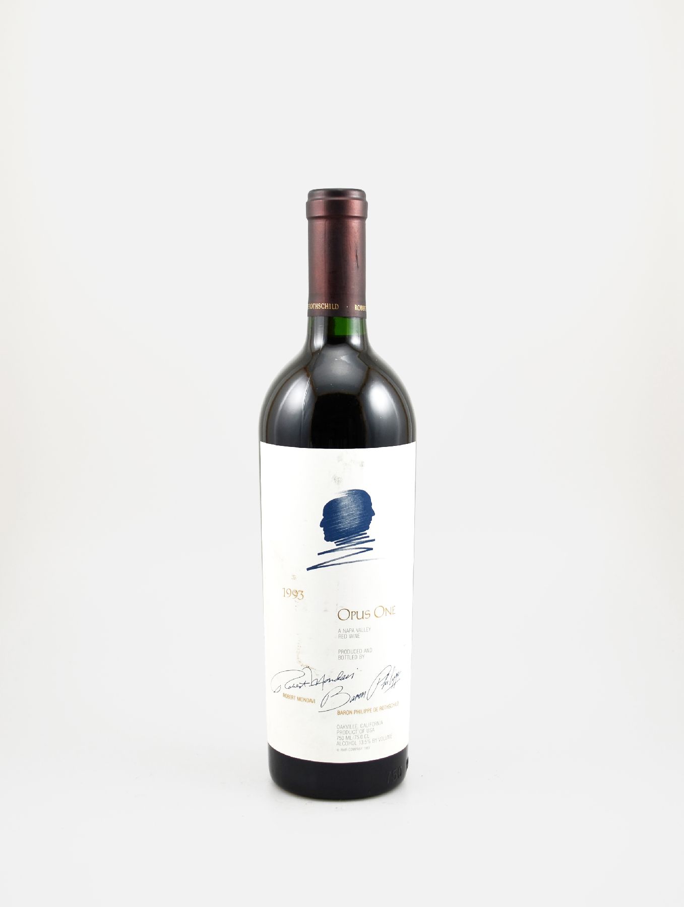 1 Flasche 1993 Opus One, Baron Philippe de Rothschild, Napa Valley-USA, ca. 75 cl, 13,5 % Vol., Füllstand: ca. into neck, Etikett l. beschmutzt, ...