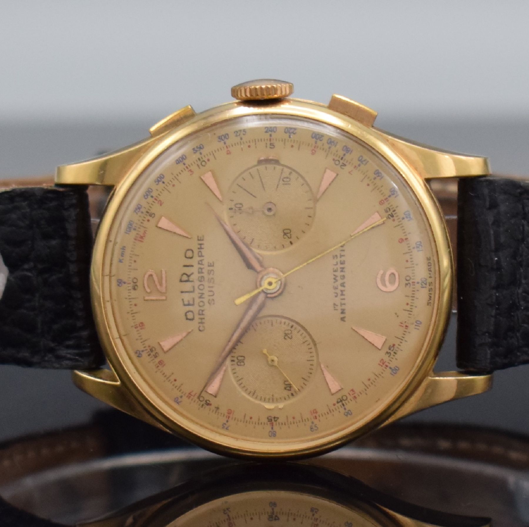Detail a: DELRIO / Chronographe Suisse Herrenarmbanduhr mit Chronograph in RG 750/000, Schweiz um 1950, Handaufzug, 3-teil. Geh. dell., Boden & Glasrand ...