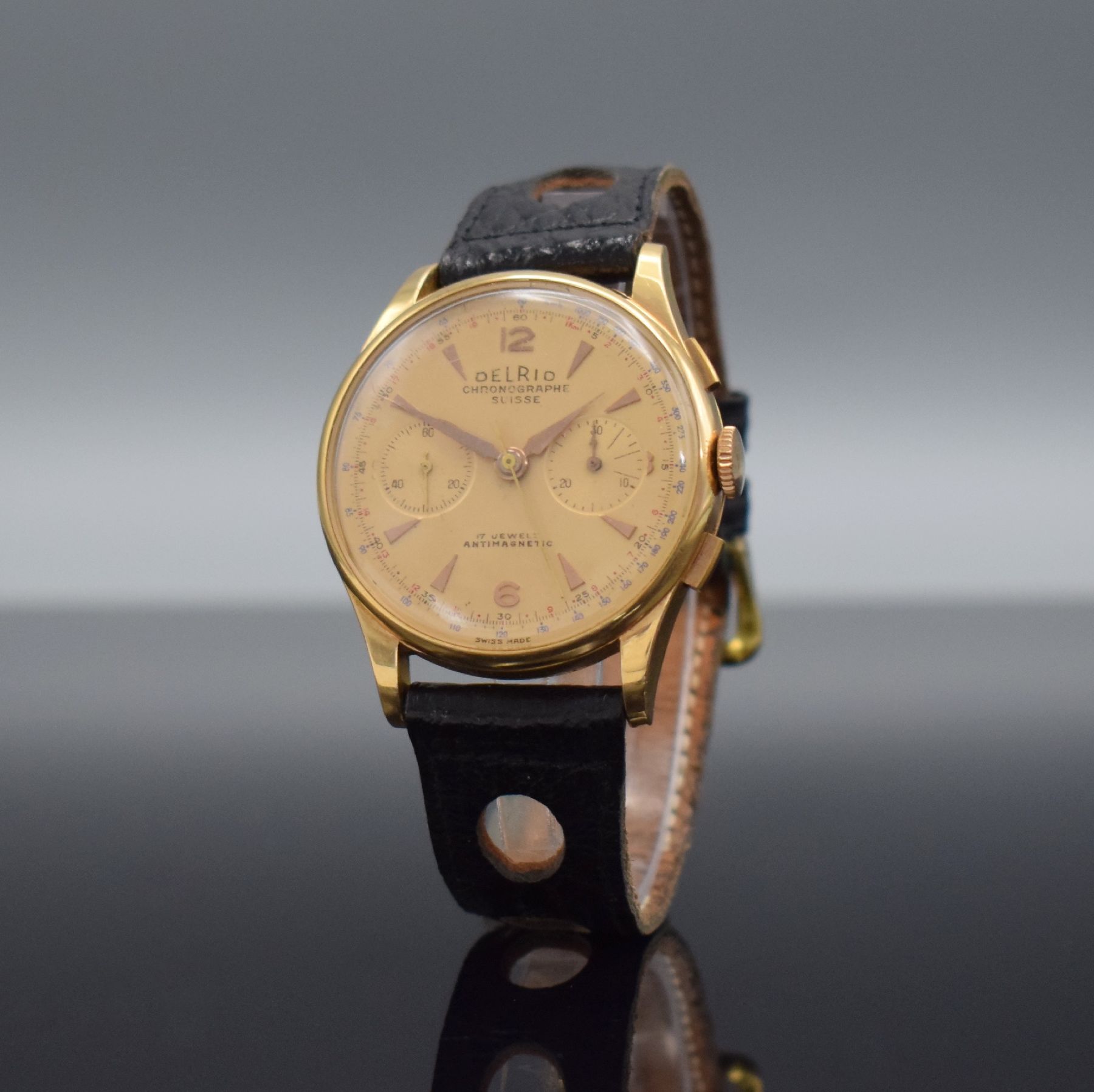 Detail b: DELRIO / Chronographe Suisse Herrenarmbanduhr mit Chronograph in RG 750/000, Schweiz um 1950, Handaufzug, 3-teil. Geh. dell., Boden & Glasrand ...