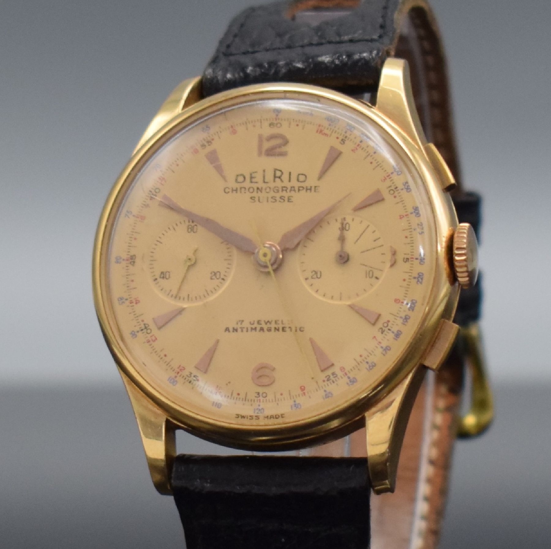 Detail c: DELRIO / Chronographe Suisse Herrenarmbanduhr mit Chronograph in RG 750/000, Schweiz um 1950, Handaufzug, 3-teil. Geh. dell., Boden & Glasrand ...