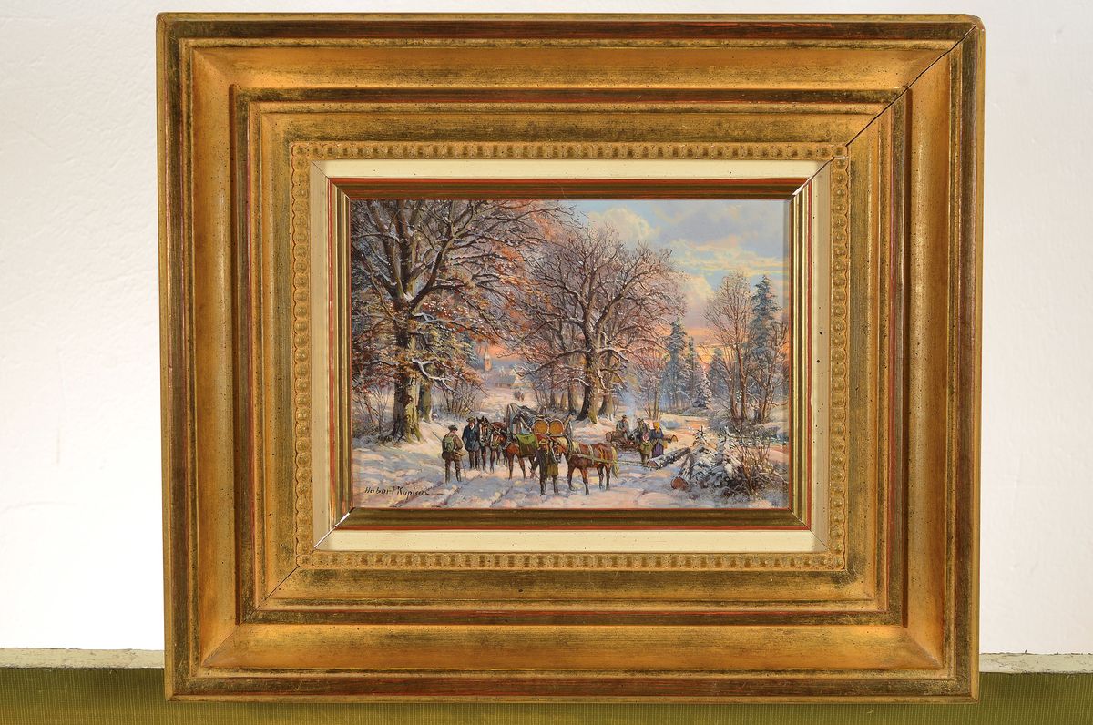 Detail k: Hubert Kaplan, geb. 1940, Holzarbeiter in verschneiter Waldlandschaft, Arbeiter und Personen, feine Lichtführung, gute Darstellung der Morgenröte ...