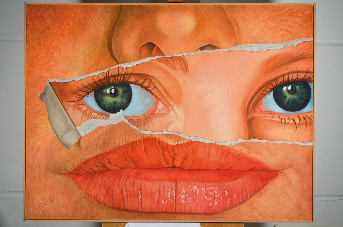Detail k: Fritz Köthe, 1916- Berlin 2005, Öl/Lwd, "grüne Augen", unten li. monogr. und dat. 1977, verso betitelt und nochmals handsigniert, auf ...