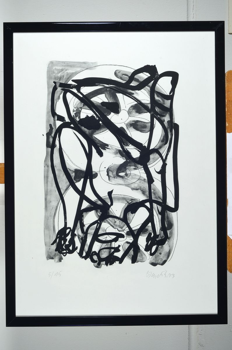 Detail k: Georg Baselitz, geb. 1938, Lithographie in kleiner Auflage, auf dickem Velin, num. 5/15, aus 1993, Blattmaß 70 x 50 cm, unter Glas, Rahmen: 74 x 54 ...