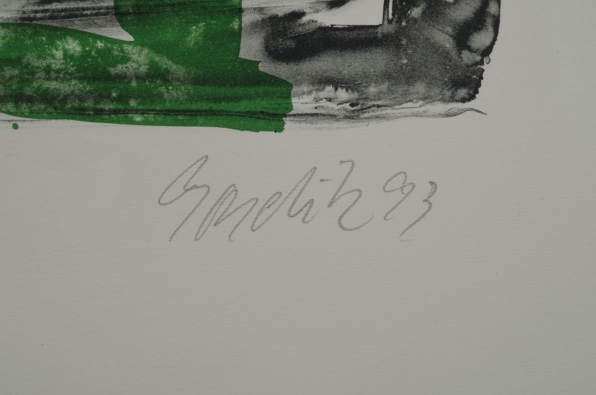 Detail a: Georg Baselitz, geb. 1938, Farblithographie in kleiner Auflage, auf dickem Velin, num. 6/15, aus 1993, Blattmaß 70 x 50 cm, unter Glas, Rahmen: 74 x ...