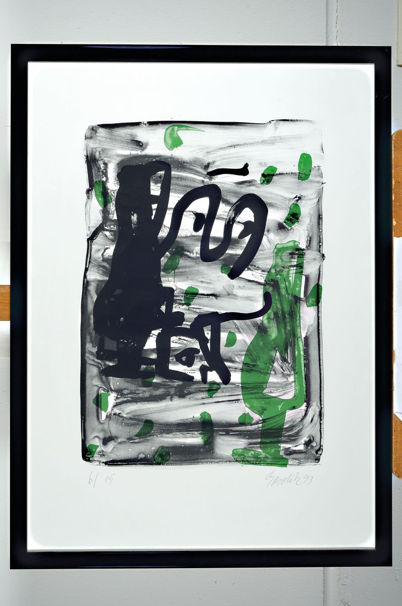 Detail k: Georg Baselitz, geb. 1938, Farblithographie in kleiner Auflage, auf dickem Velin, num. 6/15, aus 1993, Blattmaß 70 x 50 cm, unter Glas, Rahmen: 74 x ...