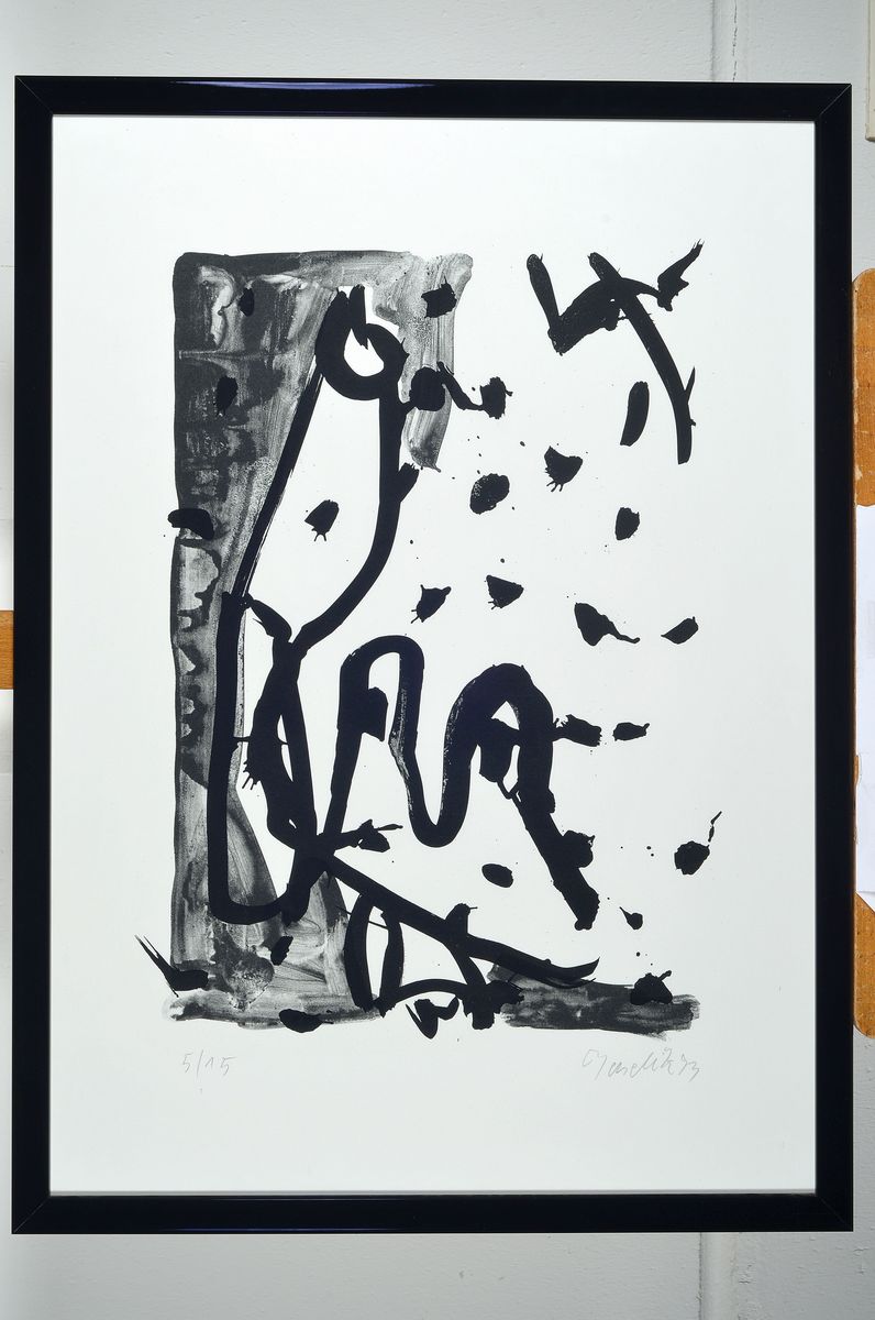 Detail k: Georg Baselitz, geb. 1938, Lithographie in kleiner Auflage, auf dickem Velin, num. 5/15, aus 1993, Blattmaß 70 x 50 cm, unter Glas, Rahmen: 74 x 54 ...