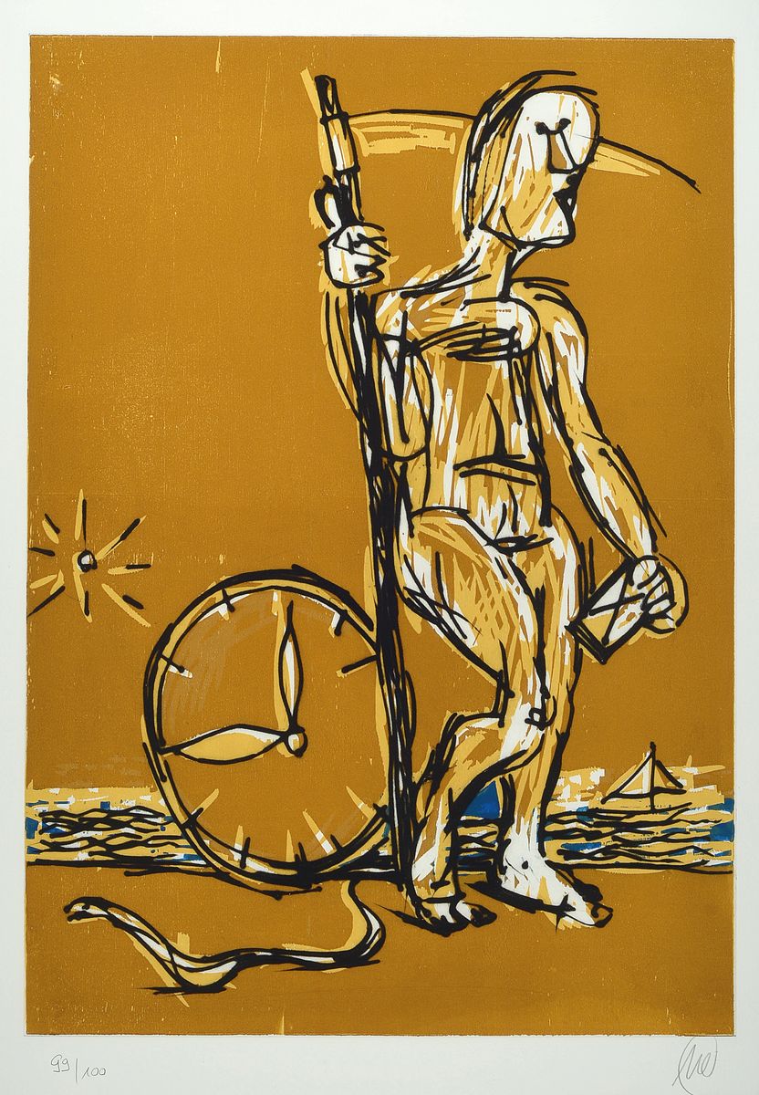 Markus Lüpertz, geb. 1941, Zeitreise, Radierung und Holzschnitt, auf dickem Velin, (Canson Gravure mit Wasserzeichen), 2008, Überlagerung zweier ...