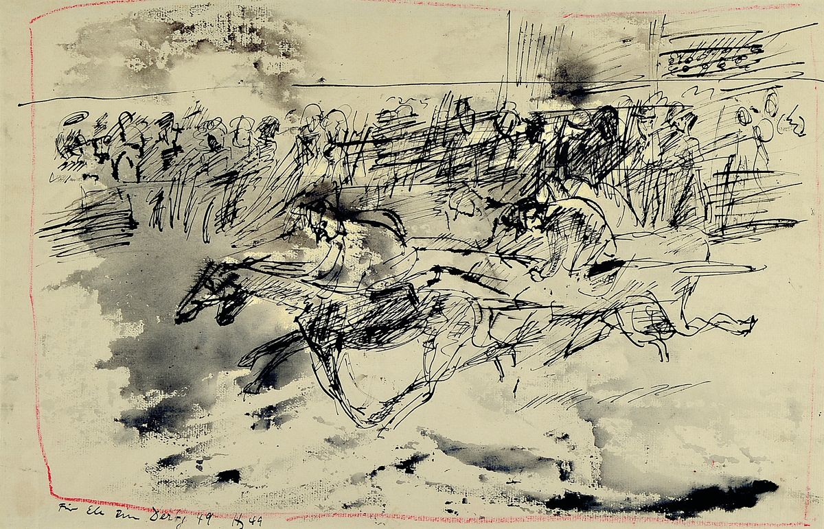 Horst Janssen, 1929-1995, Tusche und roter Farbstift, "Für Ele zu Derby", Tuschezeichnung mit Darstellung eines Pferderennens, ganzseitig ...