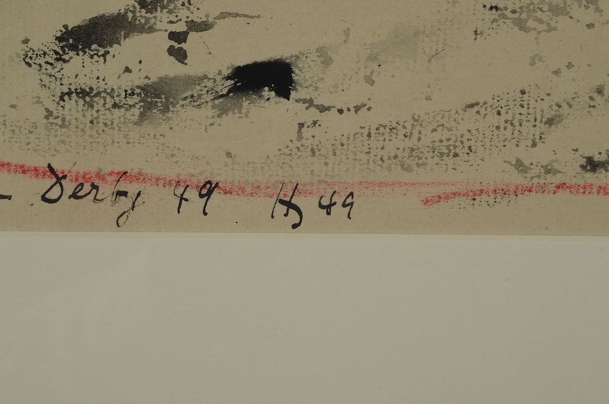Detail a: Horst Janssen, 1929-1995, Tusche und roter Farbstift, "Für Ele zu Derby", Tuschezeichnung mit Darstellung eines Pferderennens, ganzseitig ...