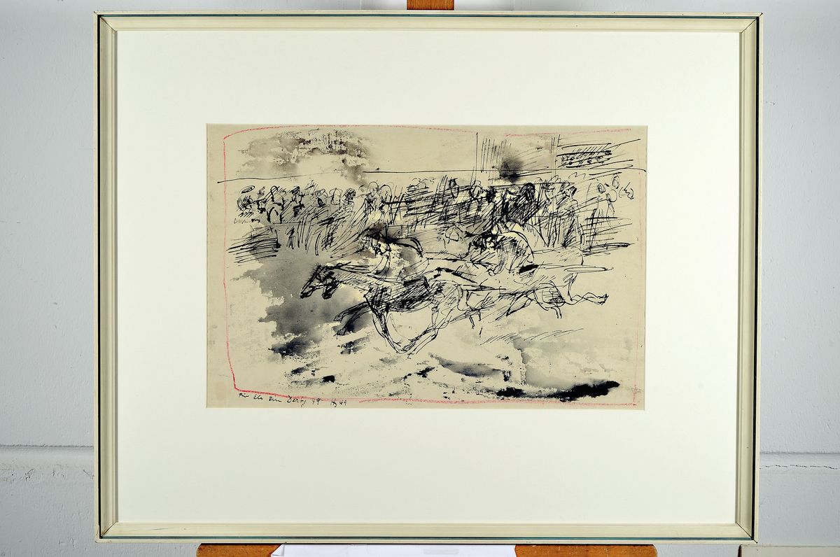 Detail k: Horst Janssen, 1929-1995, Tusche und roter Farbstift, "Für Ele zu Derby", Tuschezeichnung mit Darstellung eines Pferderennens, ganzseitig ...