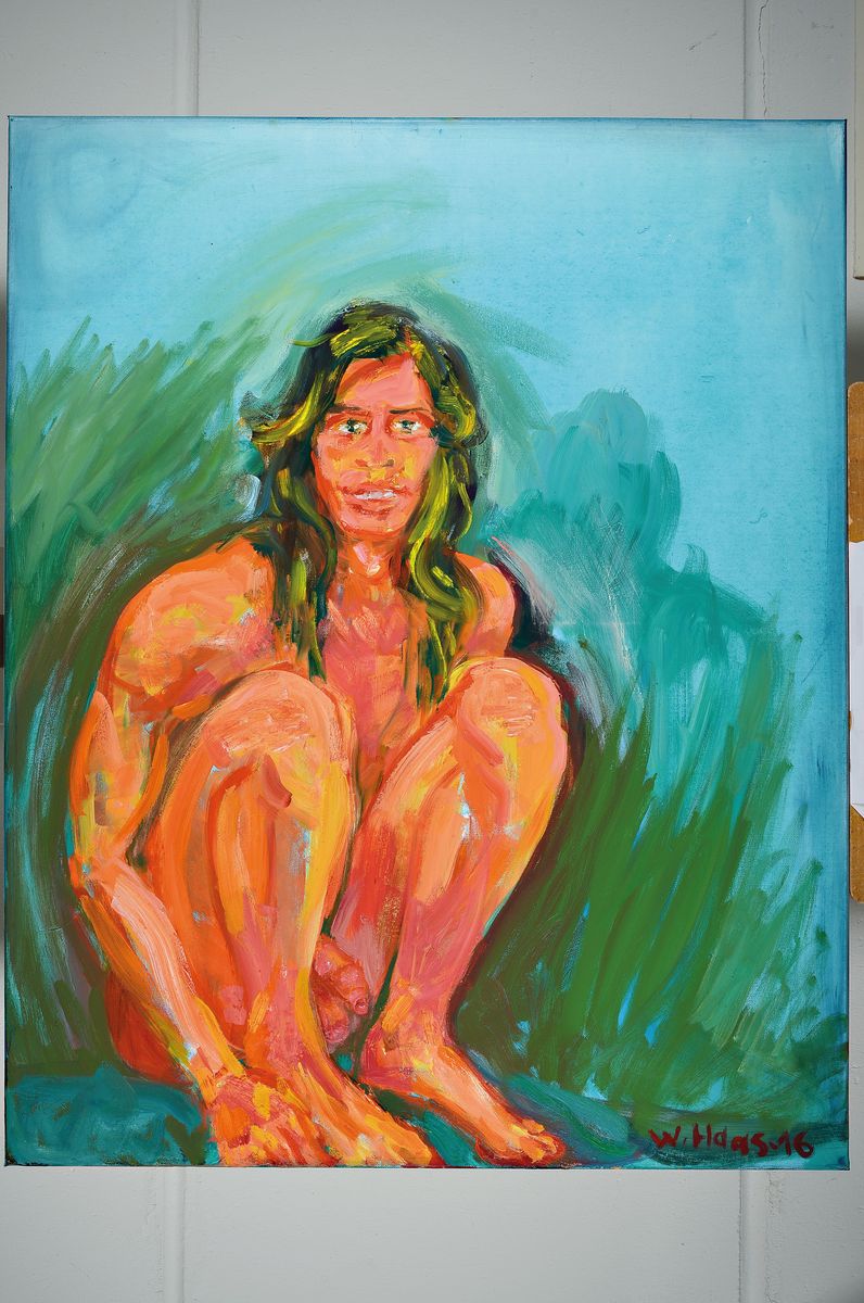Detail k: Willibrord Haas, geb. 1936 Libonati, hockender Akt, Acryl/Lwd, signiert dat. 2016, 100 x 80 cm