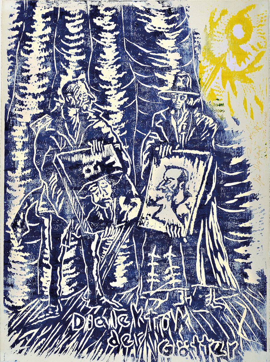 Jörg Immendorff, 1945-2007, Farbholzschnitt auf Velin, sehr seltene Farbe in Blau und Gelb, mit Widmung, Unikatcharakter aus 1986, Blattgröße 80 x ...