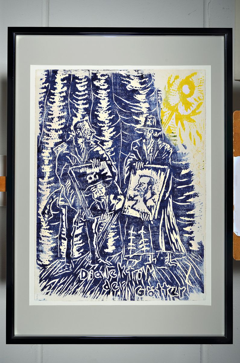 Detail k: Jörg Immendorff, 1945-2007, Farbholzschnitt auf Velin, sehr seltene Farbe in Blau und Gelb, mit Widmung, Unikatcharakter aus 1986, Blattgröße 80 x ...