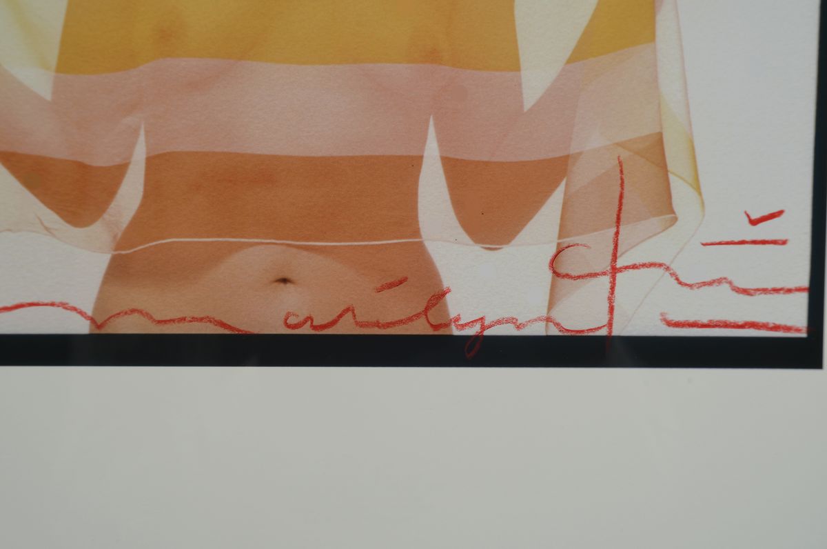 Detail a: Bert Stern 1929- 2013, Fotografie, Drucktechnik: Irisprint auf dickem, mattem Fotopapier, Titel:Marylin in striped scarf, handsigniert, num. 7/50, ...