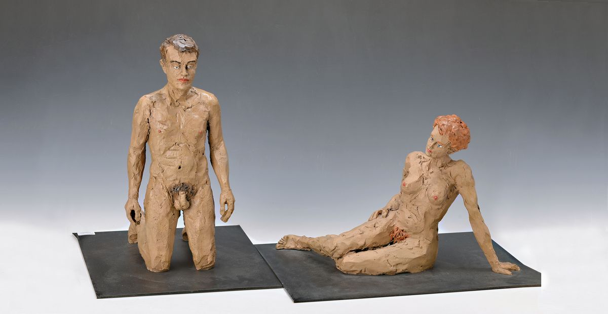 Stephan Balkenhol, geb. 1957 Fritzlar, Skulpturenpaar aus Bronze, handbemalt, Frauenakt und Männerakt, beide auf der Unterseite signiert und dat. ...