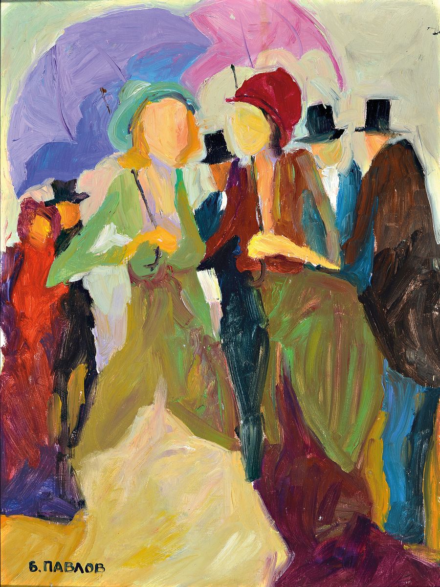 Boris Pavlov, geb. 1938, Promenade beim Festival in Cannes", Öl/Holzplatte, handsigniert und dat. 1972, 40 x 30 cm, rückseitig Klebeetikett ...