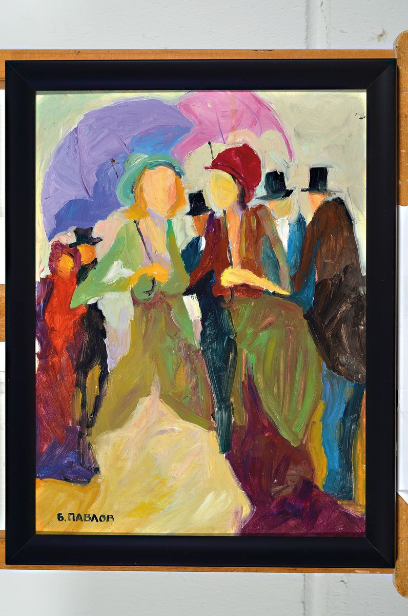 Detail k: Boris Pavlov, geb. 1938, Promenade beim Festival in Cannes", Öl/Holzplatte, handsigniert und dat. 1972, 40 x 30 cm, rückseitig Klebeetikett ...