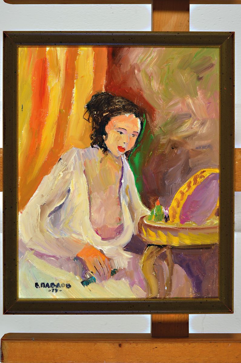 Detail k: Boris Pavlov, geb. 1938, Promenade "Morgentoilette, 1979", Öl/Platte, handsigniert und dat. 1979, 30 x 24 cm, rückseitig Klebeetikett mit ...