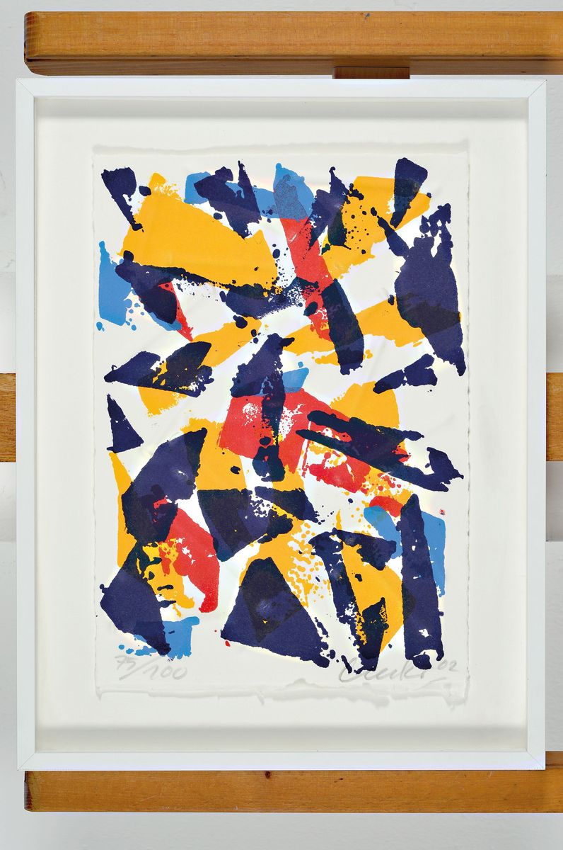 Detail k: Günther Uecker, geb. 1938,, Präge-druck und Farblithografie auf Bütten, handsigniert, num. 75/100, dat. 2002, 30 x 21 cm, Rahmen 38.5 x 29.8 cm