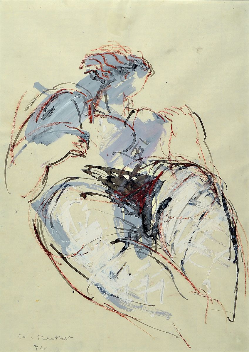 Christiane Maether, geb. 1941, Sitzende weibliche Figur, Aquarell und Gouache auf Papier, links unten signiert und dat. 92, ca. 41x29cm, PP, u.Gl., ...